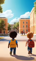 two children walking on a city street in the middle of the day