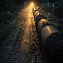 a train sits on railroad tracks as the sun goes down