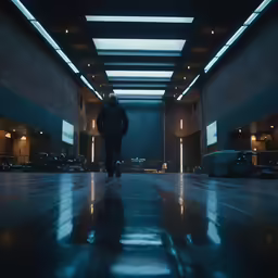a man walks down a hallway in the dark