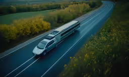 a bus drives along the road in the wilderness