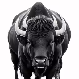 large black bull with long horns stands on a white ground