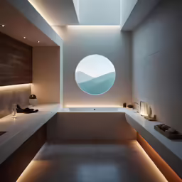 a bathtub inside of a house with round windows