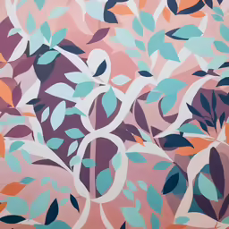 abstract painting with lots of colorful leaves on it
