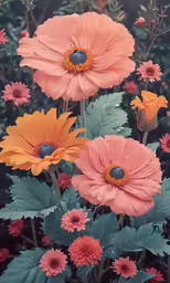 colorful flowers and plants with large leaves in front of them