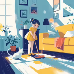 a girl sweeping up a floor in the living room