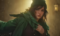 a woman in green jacket holding an umbrella
