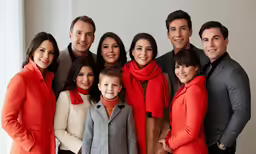 the family is posing for a portrait while dressed in red