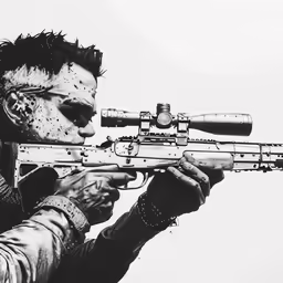 an old photo of a person dressed as a scary character aiming a gun