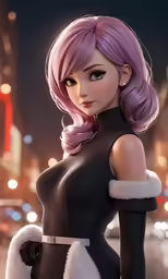anime babe with bright pink hair and a white collar and black dress