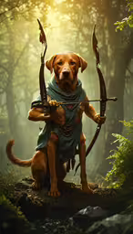 a brown dog holding a bow and arrow on a forest,a brown dog standing on top of a forest