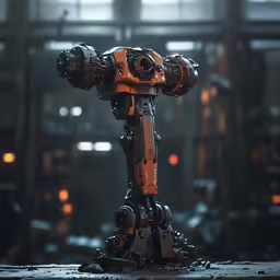 a big orange robot standing in a warehouse