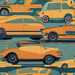 the painting shows an image of several yellow cars,an orange car is being driven by another car