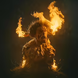 a man with a face full of fire in a dark room