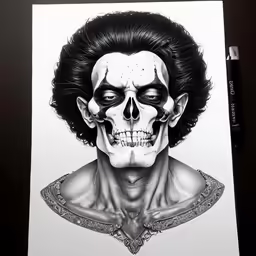 a drawing of a skull with long hair