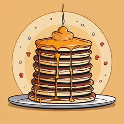 a drawing of a stack of pancakes and syrup,a stack of pancakes covered in syrup and melting