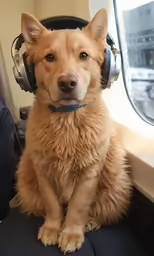 a dog wearing headphones sitting on top of a couch