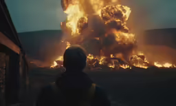 a man watching a fire in the sky with a fire truck near him