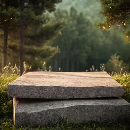 a stone slab laying in the grass near trees