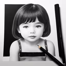 a girl in black is next to a pencil