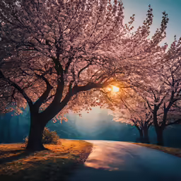 an empty road is next to some pretty trees