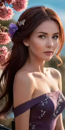 the young lady is dressed in an off - shouldered dress with flowers on it