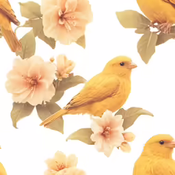 a yellow bird standing on top of some pink flowers