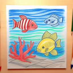 a drawing of some fish swimming in the water,this is an artwork of two fish and corals