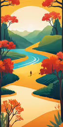 a painting that is made to look like an autumn landscape,an art piece featuring a person riding a bike down the middle of a river with trees on both sides