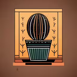 a cactus in a pot sits atop the counter top,a cartoon cactus plant with geometric lines in a corner