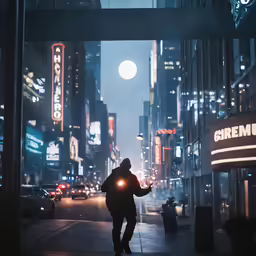 a man stands on the sidewalk and holds a flashlight in his hands