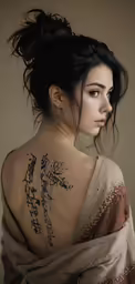 an asian woman with tattoos, is wrapped in a blanket
