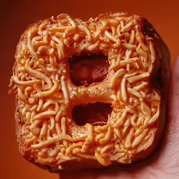 someone holding a doughnut with noodles on it