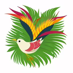 a bird sitting in the middle of leaves on a white background