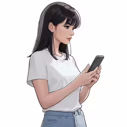 the woman with long dark hair is using her cell phone