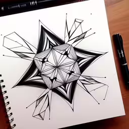 an abstract art piece on a note pad,a piece of art done in one point perspective,black and white geometric drawing on white paper,a drawing of an abstract design on paper,a black and white illustration of an abstract geometric design