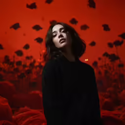 a woman stands in front of a red background with fish floating above her