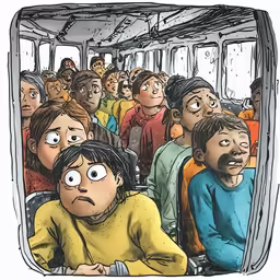 cartoon character with a crowd of people looking