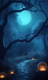 a night time scene with candles floating in water
