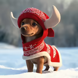 a small dog wearing a santa hat and scarf