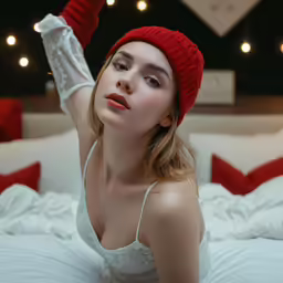 a woman laying on a bed with christmas lights