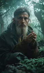 an older man sitting in the middle of a forest