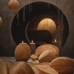 a round, black box, candles and a bunch of brown bread on the ground