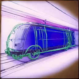a computerized photo of a train engine on tracks