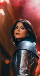 a woman with a metallic jacket on is posing