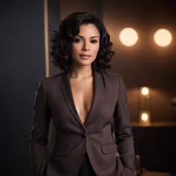 a woman in a brown suit and light bulbs