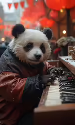 the panda bear is playing on the organ