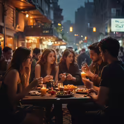 people eating dinner and drinking wine on a crowded street