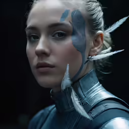 a woman with arrows painted on her face looks at the camera