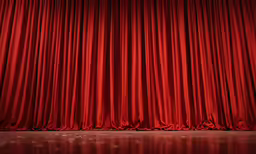 red curtain, a stage with large metal poles