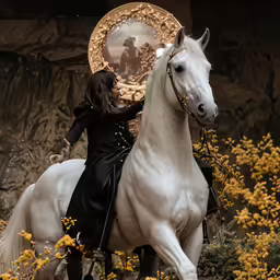 a person is riding a horse in a field of flowers
